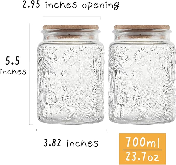 Vintage Glass Jar with Bamboo Lid, 23.7 FL oz - Airtight Decorative Food Storage Canisters for Kitchen Counter, Ideal for Candy, Sugar, Coffee, Cookies (Sunflower*2)
