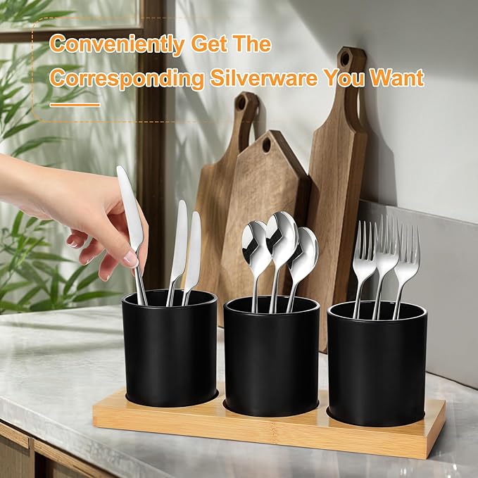 Silverware Organizer Countertop, 4 Pieces Utensil Holder for Kitchen Counter, Silverware Caddy for Party with Bamboo Tray, Farmhouse Black Utensil Holder Storage Organizer