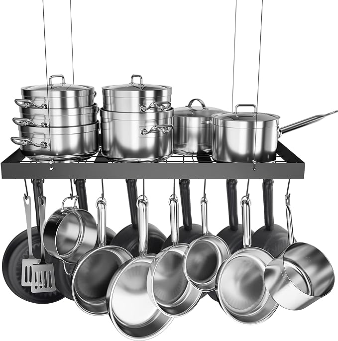 KES Ceiling Pot Rack 30 Inches, Hanging Pots and Pans Organizer Rack for Ceiling with 15 Hooks, Matt Black Kitchen Pot Hanger Rack, KUR219S75-BK