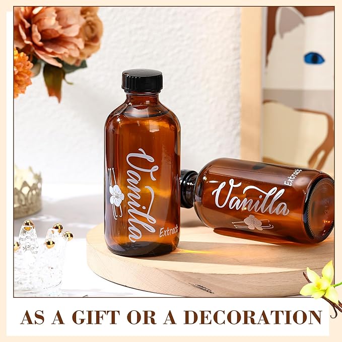Uiifan 12 Pack 4 oz Amber Glass Bottle Boston Round Bottles with Caps Brown Vanilla Extract Bottles High Temperature Screen Printing for Syrup Gift Glass Food Storage Canister Set Sauce Beans