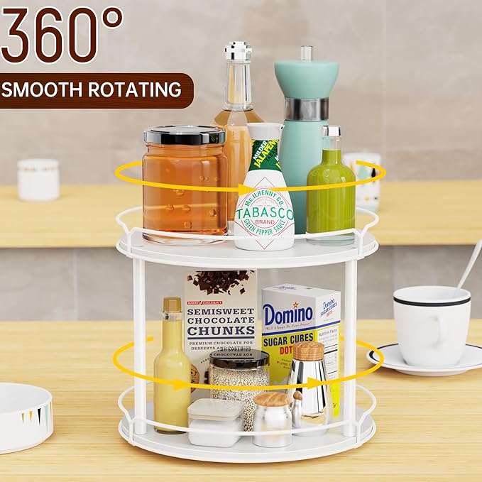 12.4" Lazy Susan Organizer 2 Tier - Rotating Spice Rack, Wooden Spinning Spice Holder for Inside Cabinet, Pantry, Kitchen, Countertop, Bathroom and Vanity, Versatile Storage (White)