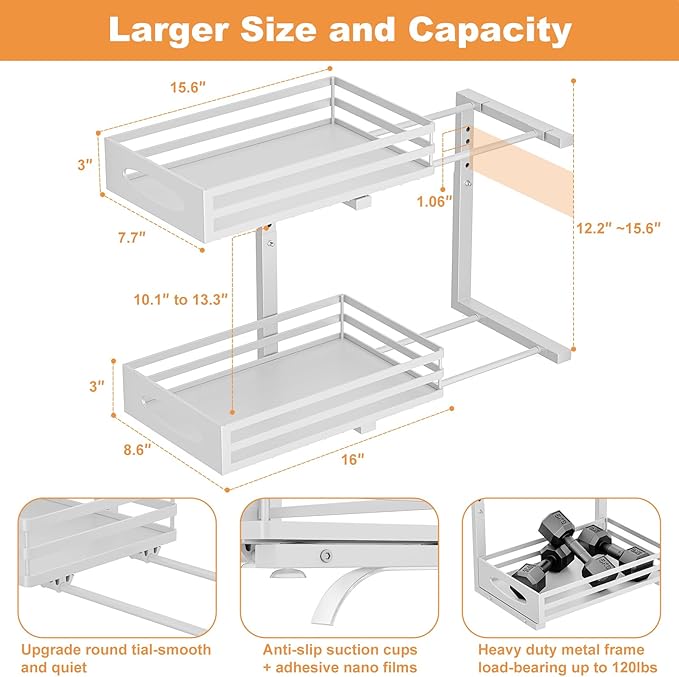 Under Sink Organizer, Pull Out Cabinet Organizers, Slide Sink Steel Shelf Cabinet Storage Shelves, Under Sink Storage for Kitchen Bathroom Cabinet (White, 1 Pack)