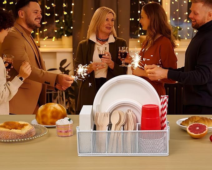 Paper Plate Dispenser with Handle, Metal Paper Plate Holders for Kitchen Counter, Utensil Holder Organizer with 6 Compartments, Silverware Holder Caddy for Cup Fork Napkin Party Camping-White