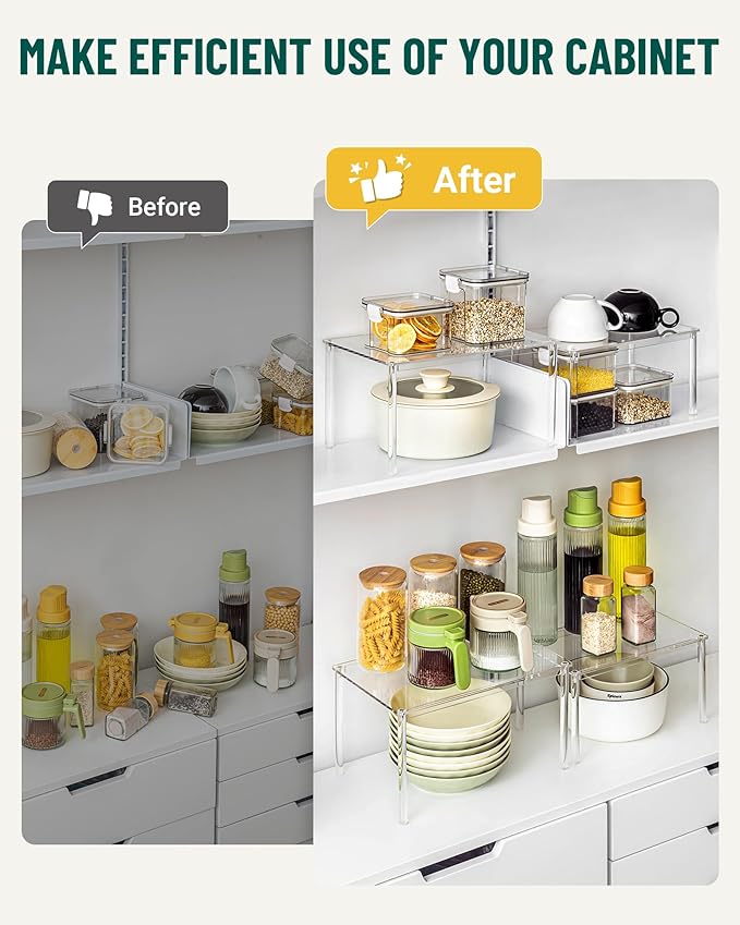 Acrylic Cabinet Organizer, Set of 2 Shelf Organizer, Spice Rack Organizer for Cabinet, Desk Countertop Organizer, Stackable Shelves for Pantry Kitchen Storage and Organization
