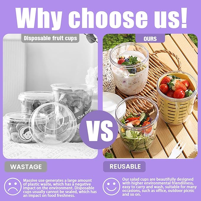20oz Fruit Salad Storage Cup with Lids and Fork, Reusable Plastic Fruit Storage Containers for fridge with Drain Baskets, BPA-Free & Leak-Proof, Keep Fruits, Vegetables Fresh Longer (Purple)
