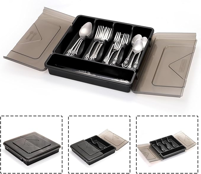 Dicuny Silverware Organizer with Lid, Covered Utensil Drawer Organizer Tray for Kitchen, 5 Compartments Plastic Black Cutlery Flatware Storage Box for Spoons Forks Knives, Office, RV, Countertop
