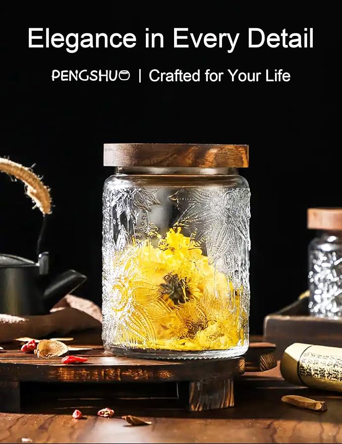 Vintage Glass Jar with Lid – Airtight Container for Ground Coffee, Flour, Cookies, Candy, Glass Canisters for Kitchen and Pantry Storage, Sunflower, 34oz
