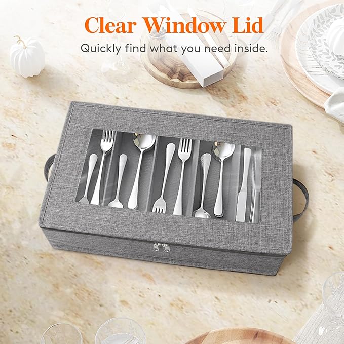 Lifewit Silverware Storage Box, Flatware Organizer with Zipper Lid, 5 Compartment Cutlery Case with Adjustable Divider and Handle, Utensil Container for Spoon Fork Knives Tableware, Gray, 1 Pack