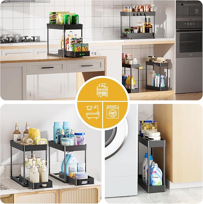 Delamu 4 Pack Under Sink Organizers and Storage, 2 Tier Black Bathroom Cabinet Organizer, Multi-Use Kitchen Bathroom Organizers and Storage