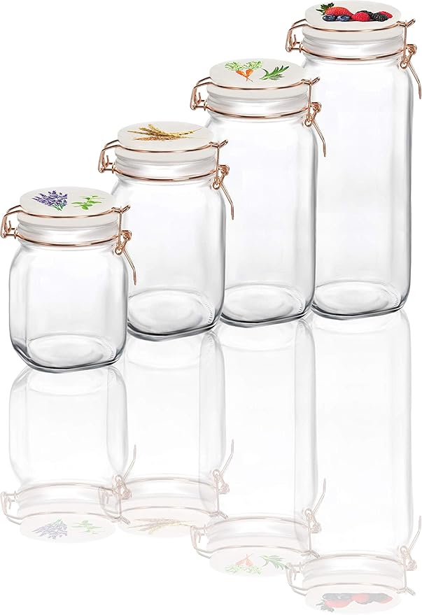 Circleware Vegetable Decal Glass Canisters Shaped with Ceramic Lids, Set of 4 Kitchen Glassware Food Beverage Preserving Containers for Coffee, Sugar, Tea, Spices, Cereal, 66 oz, 49 oz, 30 oz, 22 oz