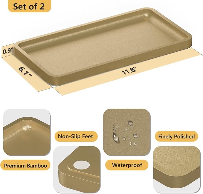 Weenson Gold Bathroom Vanity Tray for Countertop Jewelry Makeup Perfume Candles Decor, Bamboo Kitchen Tray for Soap Dispenser Spice Salt, Gold Tray for Toilet Tank Coffee Nightstand Set of 2