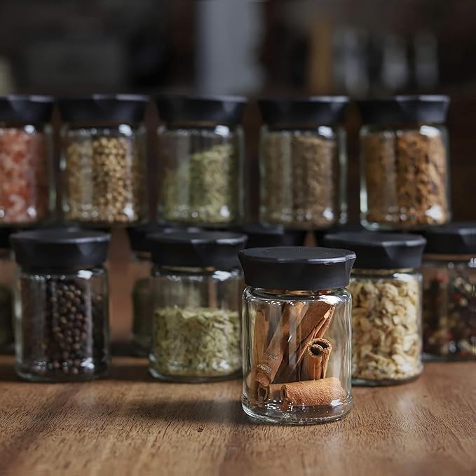 VEVOK CHEF Mini Glass Jars with Black Lids 2 pcs Food Storage Jar Kitchen Canister Small Coffee Tea Spice Storage Jar Set (4 Ounce) Gift