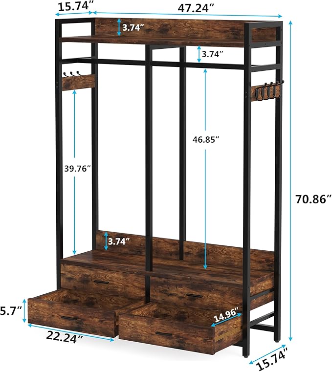 Tribesigns Freestanding Closet Organizer for Hanging Clothes, Heavy Duty Garment Rack with 4 Drawers, 8 Hooks and Storage Shelves, Wardrobe Closet Clothing Rack for Bedroom, Living Room, Rustic Brown