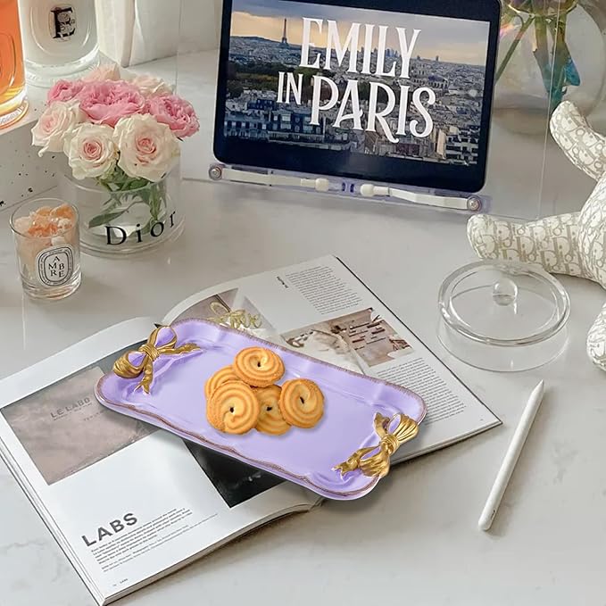 Vintage Decorative Tray Jewelry Tray Towel Tray Storage Tray Rings Necklace Bracelets Earrings Trays Cosmetics Jewelry Organizer Retro Design Bow Decor Resin Plate Coquette Room Decor (Purple)