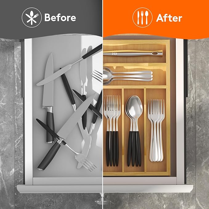 Lifewit Silverware Drawer Organizer Tray, Bamboo Cutlery Storage for Kitchen Drawer, 7 Compartment Flatware and Utensil Holder Divider for Spoons Forks Knives Tableware, Natural