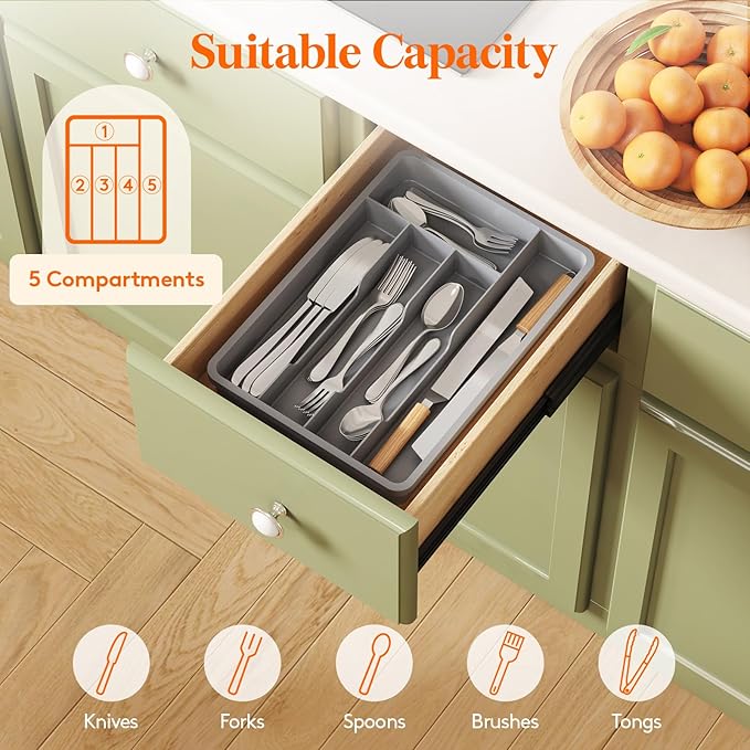 Lifewit Silverware Tray, Deep Wide Cutlery Drawer Organizer Storage for Kitchen, Plastic Flatware Utensil Holder Divider for Spoons Forks Knives Tableware, 5 Compartment, Gray