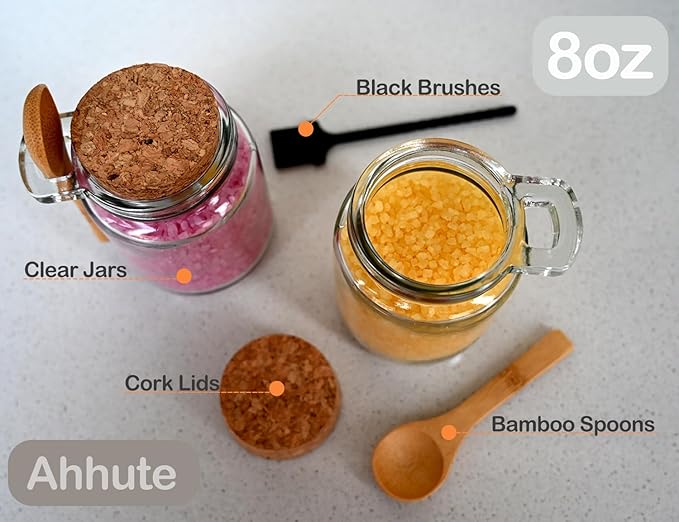 Ahhute Glass Sugar Scrubs Jars, Bath Salt Container 8oz, Salt Cellar with Spoon, Honey Scrubs Jars w/Lids, Labels and Cleaning Brush, Set of 12