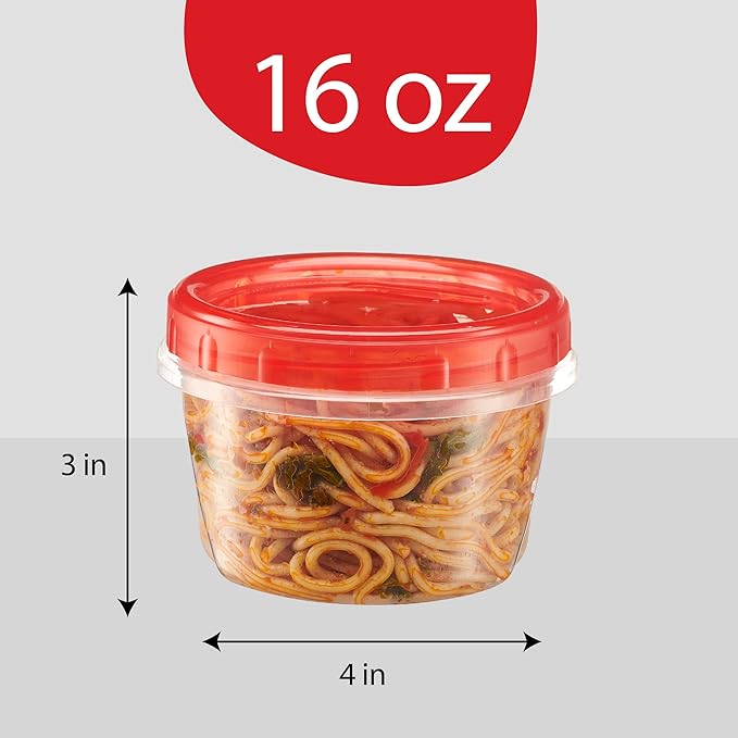 PLASTICPRO 6 Pack Twist Cap Food Storage Containers with Red Screw on Lid- 16 oz Reusable Meal Prep Containers - Freezer and Microwave Safe Red Plastic Food Storage