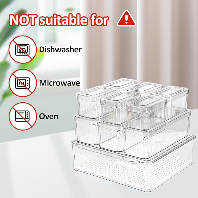 10 Pack Fridge Organizer, Stackable BPA-Free Refrigerator Organizer Bins with Lids, Fruit Storage Containers for Fruit Vegetable Food Drinks Cereals Clear