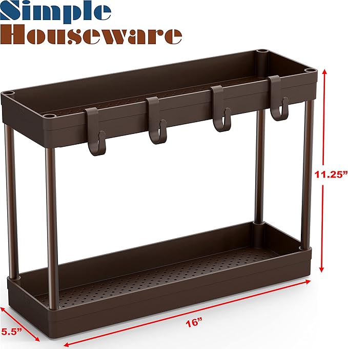 Simple Houseware 2-Tier Under Sink Organizer Storage Tray with Hooks, Brown