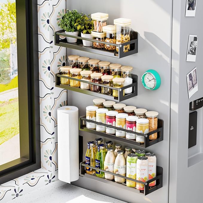 5 Pack Magnetic Spice Storage Rack Organizer for Refrigerator and Oven, Black Fridge Organizers and Storage, Paper towel holder, Punch and no-punch dual purpose