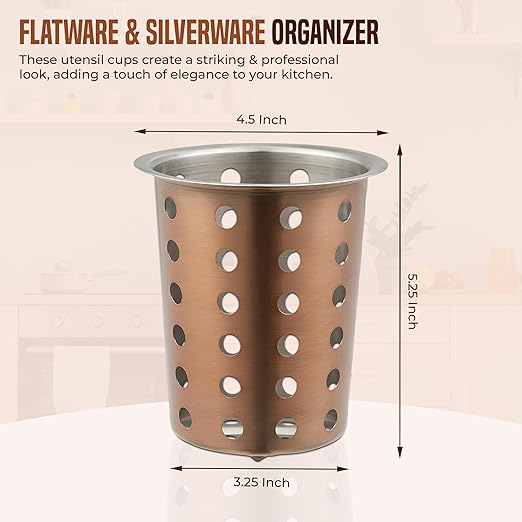 OCS Parts Stainless Steel Utensil Drying Cups | Copper | Perforated Kitchen Flatware and Silverware Holder