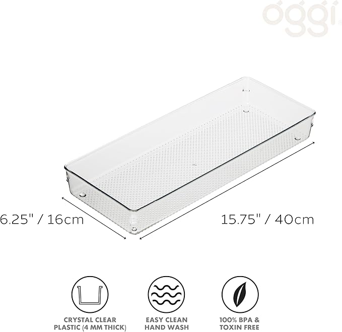 Oggi Clear Drawer Organizer - 6" X 15" - Ideal for Organizing Kitchen Drawers, Office, Desk, Silverware, Kitchen Utensils, Cosmetics and Bathrooms (Pack of 2)