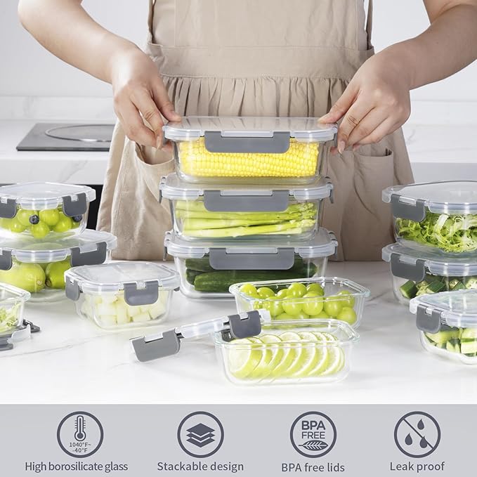 12 Pack Glass Food Storage Containers with Lids, Glass Meal Prep Containers Set with Leak Proof Lids, Airtight Lunch Container for Kitchen, Microwave, Oven, Freezer, Dishwasher Safe, Bpa free