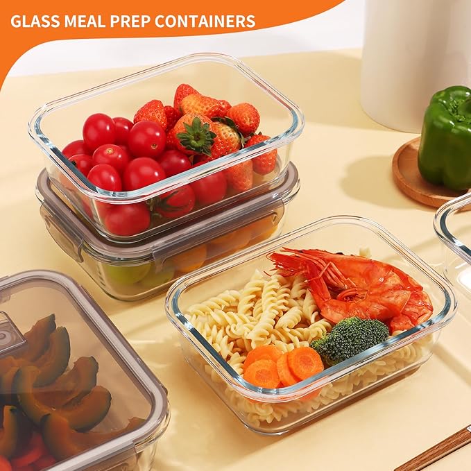 5-Pack Glass Storage Containers with Lids,35 Oz Meal Prep Containers Reusable,Airtight Glass Lunch Containers,for Microwave, Freezer & Dishwasher,Light Gray Leak Proof Locking Lids