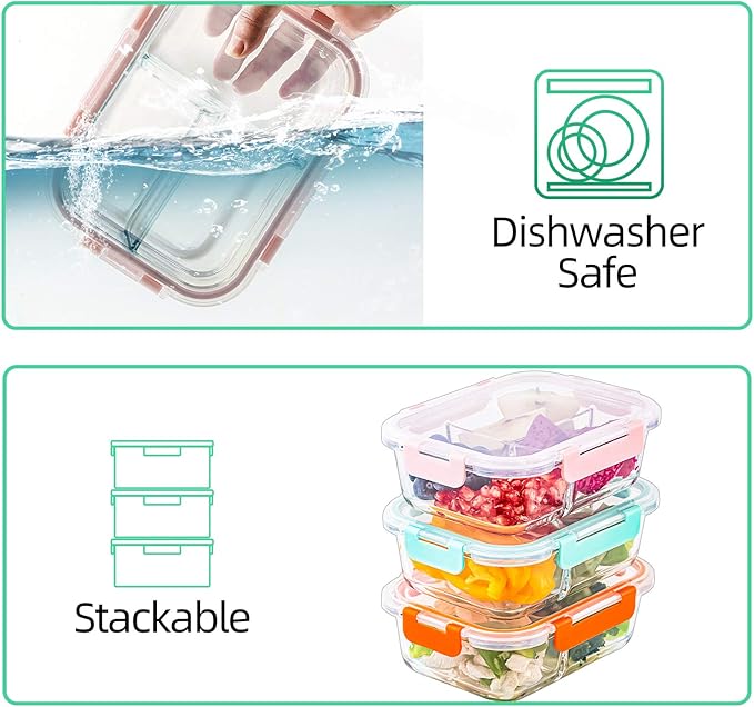C CREST 5-Pack,3 Compartment Glass Meal Prep Containers Set,34oz, Divided Glass Food Storage Containers with Lids, Glass Lunch Box with Dividers