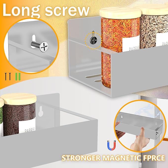 Magnetic Spice Rack Organizer for Fridge Seasoning Organizer for Kitchen storage with Screw or Adhesive Hanging,Magnetic Shelf with Hook for Refrigerator and Oven (Grey, 4pack)