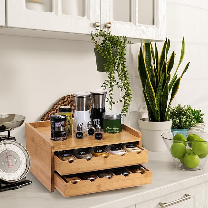 Jucoan Bamboo Spice Rack Organizer, 2-Tier Pull Out Spice Seasoning Shelf Holder 20-Bottles Seasoning Spices Jars Organizer for Kitchen Countertop Cabinet No Assembly Required