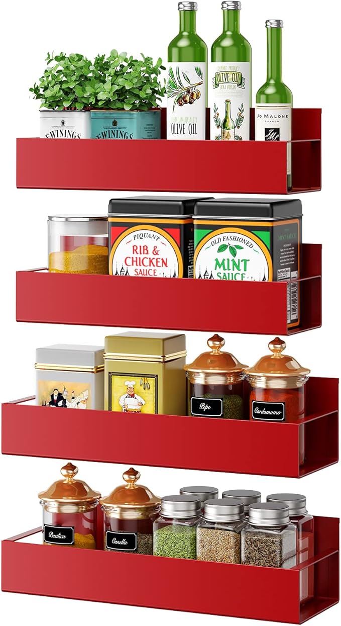 4 Pack Moveable Fridge Magnetic Spice Racks,Metal Red