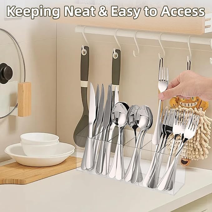 Acrylic Cutlery Storage Organizer Holder Silverware Caddy for Kitchen Countertop -Holds Fork, Knife, Spoon, Silverware - 6 Divided Sections Transparent