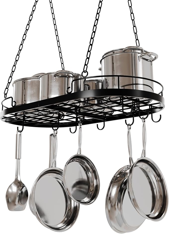 24.4” Metal Pot Rack Hanging, Oval Pan Rack Hanging with Hooks, Heavy Duty Ceiling Pot Rack with Grid, Pot and Pan Hangers for Kitchen Cookware Utensils Toiletries, Easy Assembly, Black