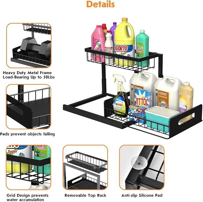 Webetop Under Kitchen Sink Organizers and Storage, 2 Tier Pull Out Cabinet Organizer, Multi-Purpose Sliding Shelf Under Bathroom Drawer- 14.2L x 10.6W x 11H