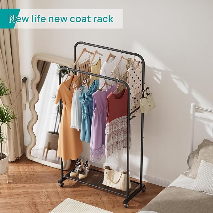 SINGAYE Clothes Clothing Rack Drying Clothing Garment Coat Hanger Rack Metal Double Bar Freestanding for Hanging Clothes Portable With Wheels Rolling Closet for Laundry Bedroom Black