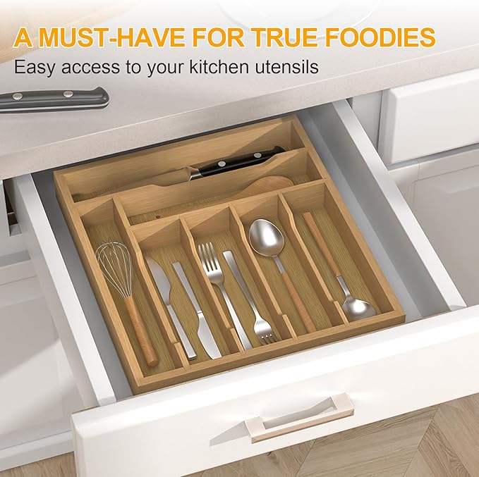 Bamboo Kitchen Drawer Organizer, Utensils Organizer Cutlery Tray Holder, 7-Slot Drawer Divider for Silverware, Flatware