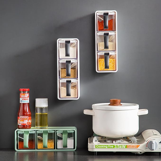 3-Grids Seasoning Box with Tray, Salt Container, Hanging Wall Spice Rack, Kitchen Spice Pot with Spoon, Salt Pepper Sugar Storage Container Jar Cruet for Counter, Green