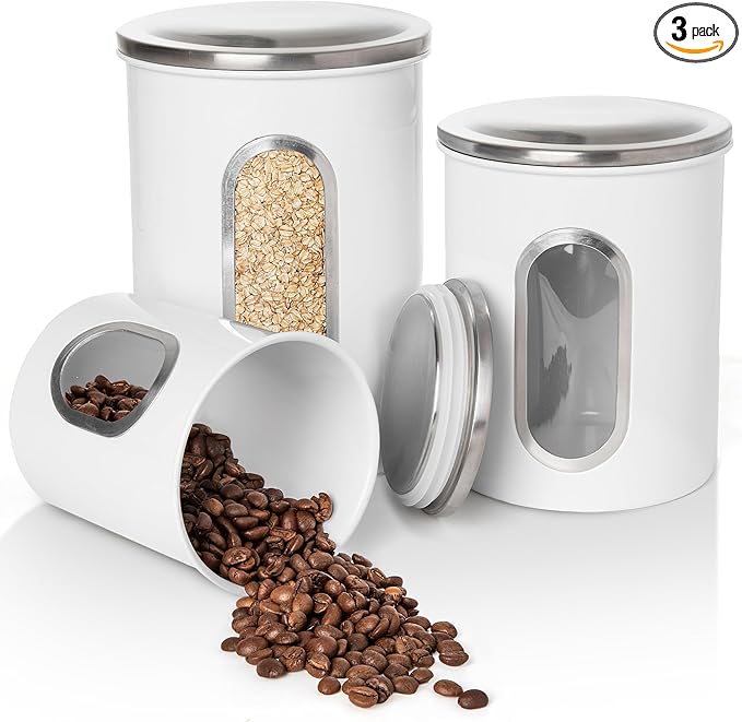 Mixpresso 3 Piece White Canisters Sets For The Kitchen, Kitchen Jars With See Through Window, Airtight Coffee Container Tea Organizer & Sugar Canister, Kitchen Canisters Set of 3 White Kitchen Decor.