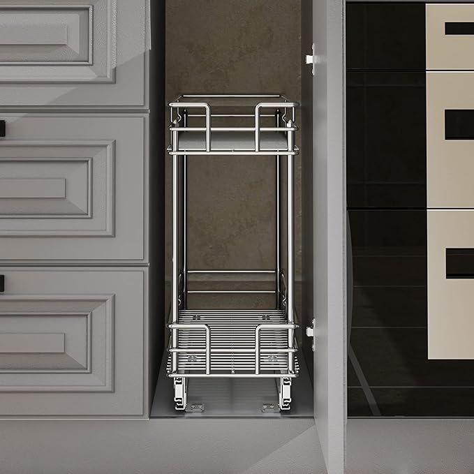 LOVMOR Pull Out Cabinet Organizer and Storage (7" W x 21" D) 2-Tier Pull Out Shelf Storage for Kitchen Base Cabinet Silver (7" W x 21" D, Silver, Roll on Top)