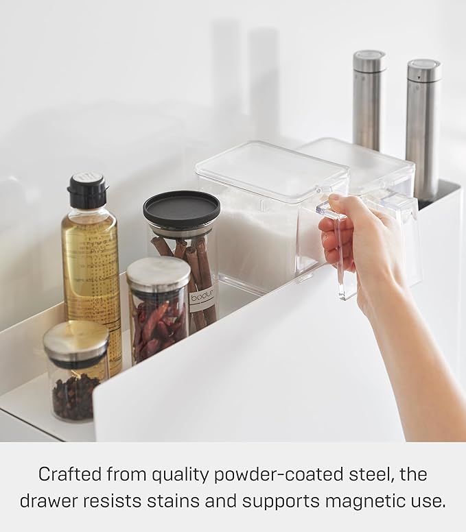 YAMAZAKI Home Tower Two Tier Seasoning Condiments Spice Rack With Drawer, Kitchen Food Storage Container - Steel