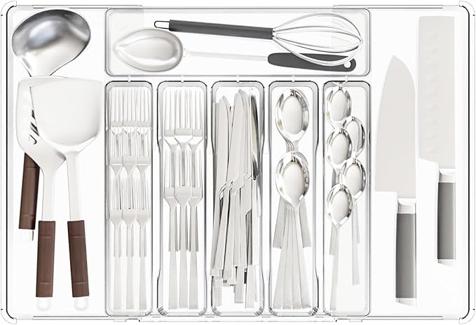 Acina Silverware Organizer for Kitchen Drawers: Expandable Cooking Utensil Tray - Adjustable Cutlery Flatware Holder - Spatula Tools Gadgets Storage Divider Clear (Expandable Tray with 8-Drawers)
