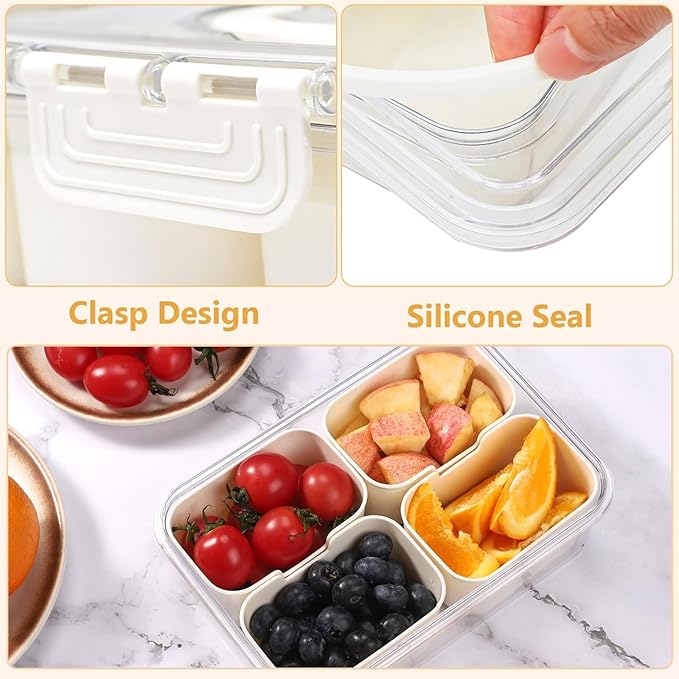 Snackle Box Container, 4 Compartment Divided Serving Tray with Lid, Snack Box Container for Candy, Fruit and Snacks, Great for Gatherings, Outings, Parties and Entertaining