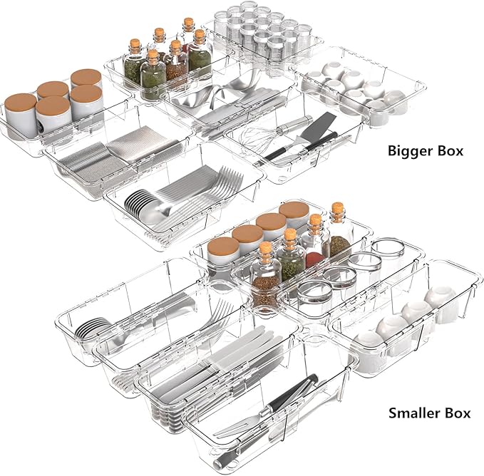 15 Pcs Clear Extendable Drawer Organizer,Adjustable Vanity Storage Box, 2-Size Desk Drawer Organizer, Acrylic Storage Bin for Makeup, Cosmetic,Desk Organizer Gadgets for Bathroom Bedroom Kitchen