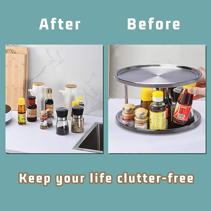 2 Tier Lazy Susan Turntable Organizer,Stainless Steel 360 Degree Turntable Pantry Cabinet Turning Table Spice Rack Organizer Tray for Kitchen Bathroom Bedroom Parlor