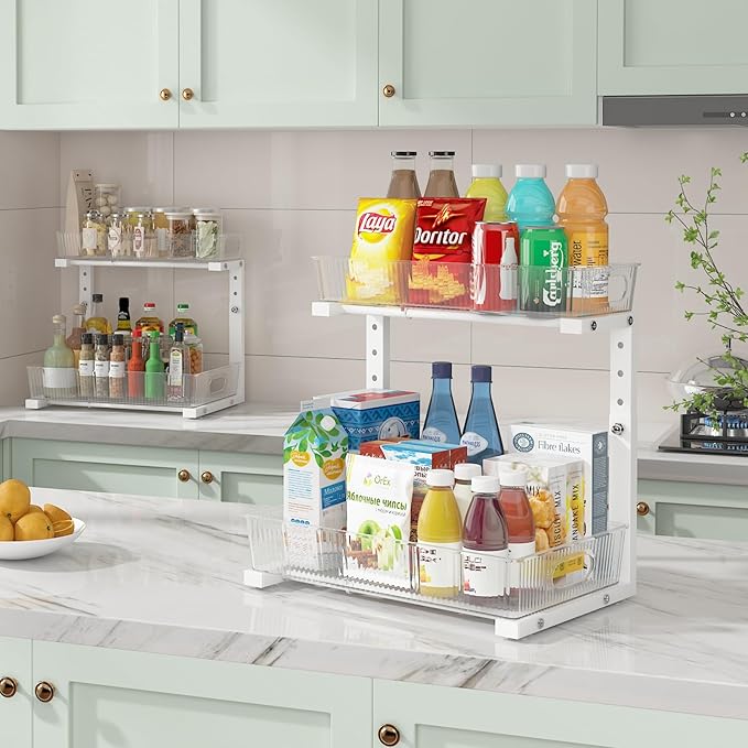 ADRIMER Under Sink Organizer 2 Packs, Pull Out Kitchen Sink Organizer, 2 Tier Slide Out Kitchen Organizers and Storage Bathroom Under Cabinet Storage Shelf, Transparent & White
