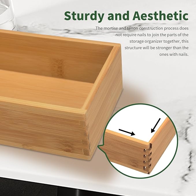 Bamboo Drawer Organizer - Kitchen Drawer Utensil Organizer Office Supplies Desk Organizer Makeup Silverware Tray Flatware Organization 12"*4"*2"
