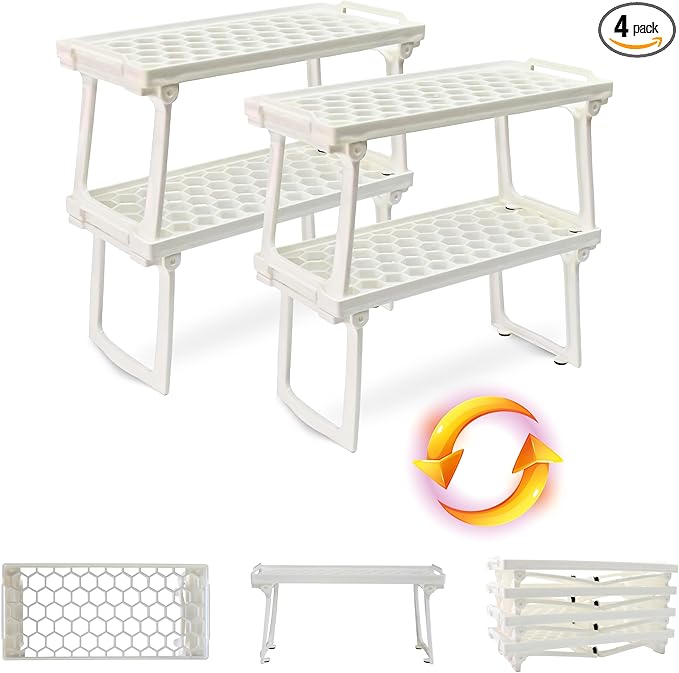 ums Kitchen Cabinet Shelf Organizers, White Plastic Stackable Freezer Rack, Shelf Riser, Usable Storage Rack for Your Spice, Refrigerator, Pantry (12 X 5.5 inch) Fridge Shelf Riser Pack of 4