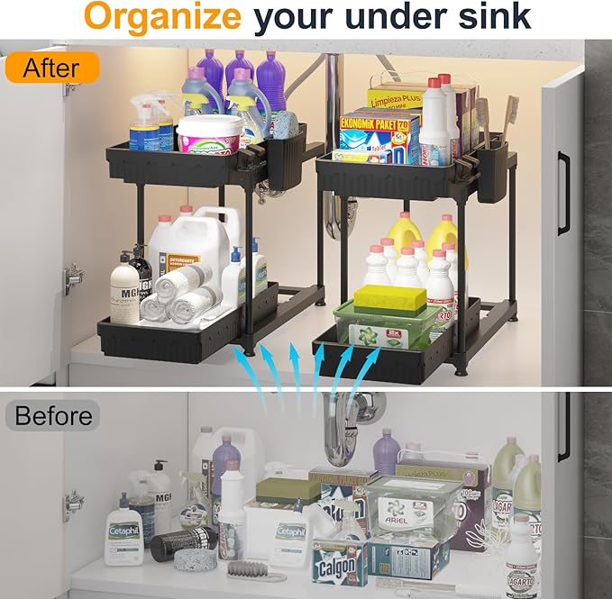 2 Pack Double Sliding Under Sink Organizers and Storage, 2 Tier Under Bathroom Cabinet Shelf Organizer with Hooks Hanging Cup, Home Organization, Black